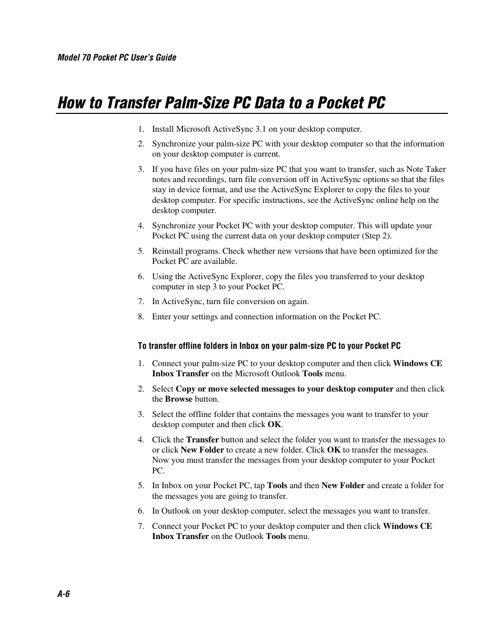 How to transfer palm-size pc data to a pocket pc | Intermec 70 User Manual | Page 132 / 134
