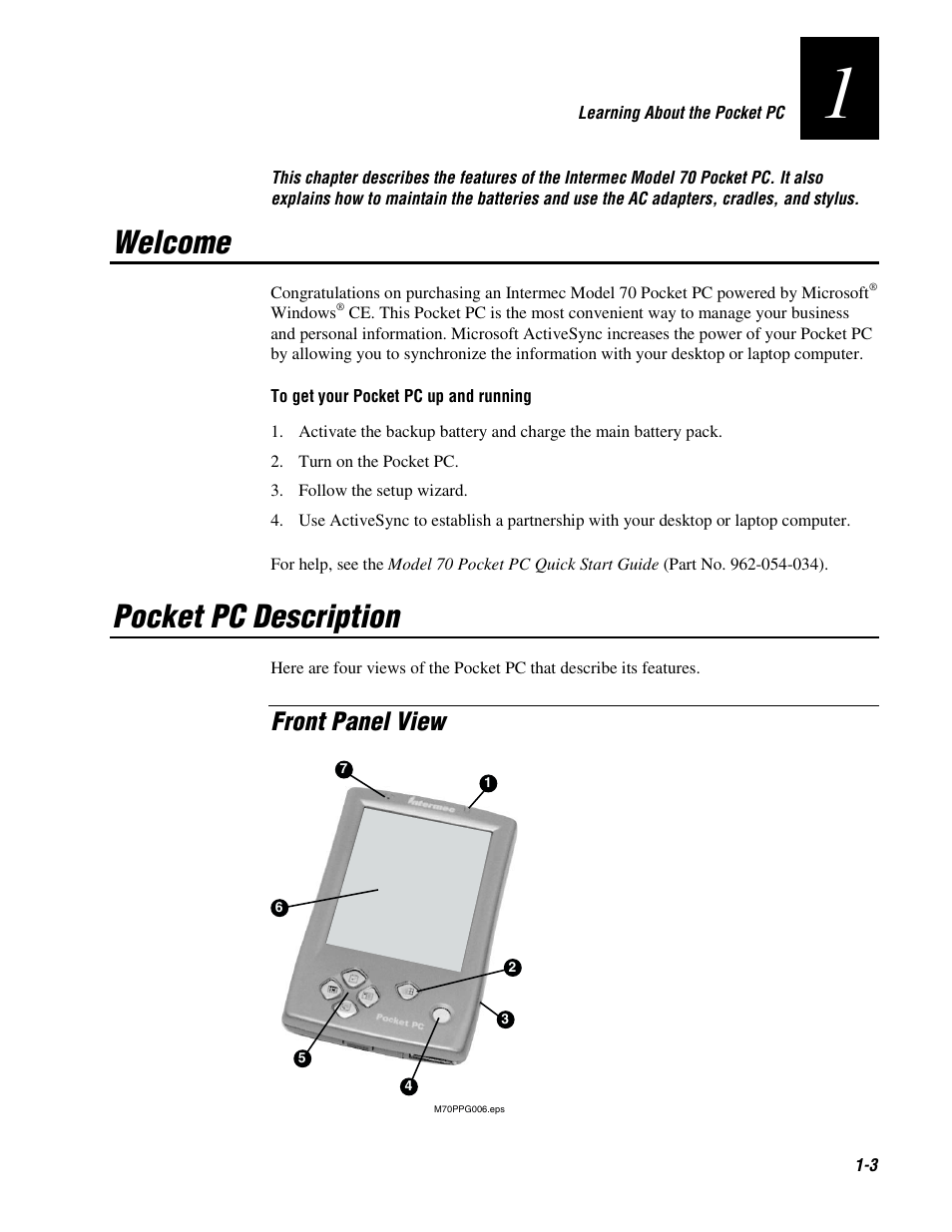 Welcome, Pocket pc description, Front panel view | Intermec 70 User Manual | Page 15 / 134