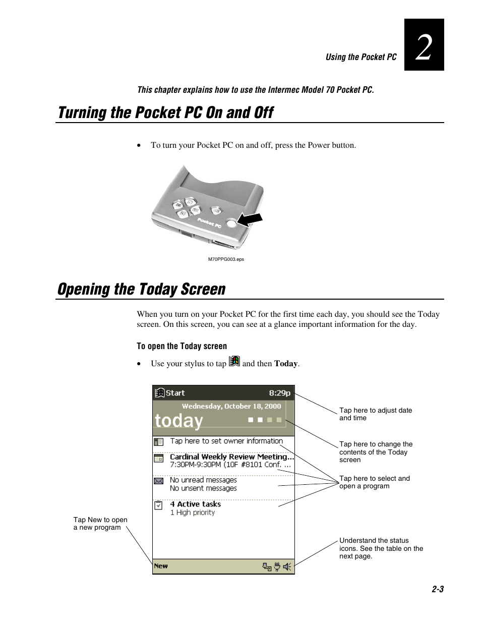 Turning the pocket pc on and off, Opening the today screen | Intermec 70 User Manual | Page 31 / 134