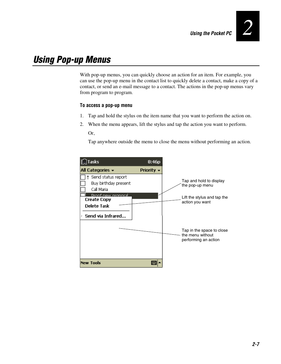 Using pop-up menus | Intermec 70 User Manual | Page 35 / 134