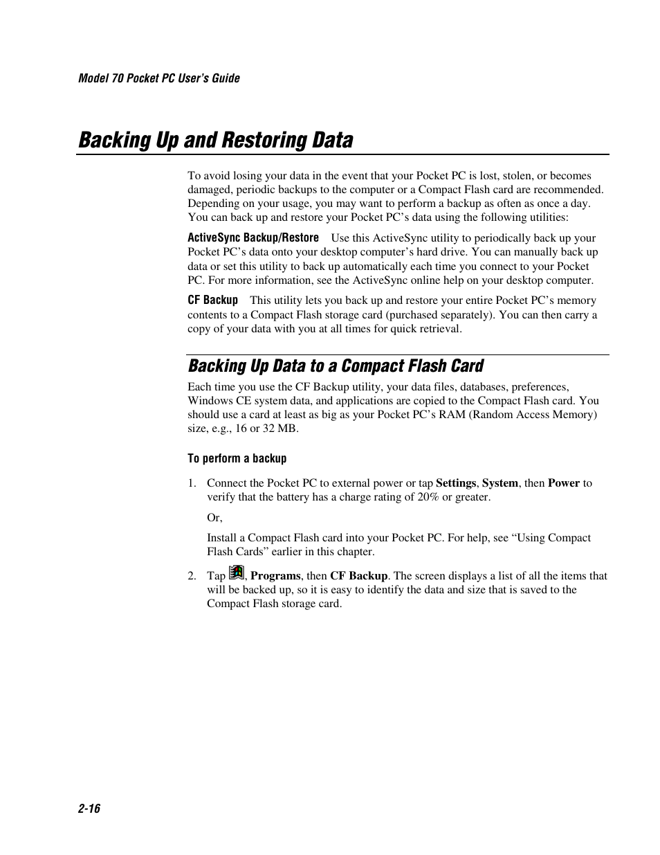 Backing up and restoring data, Backing up data to a compact flash card | Intermec 70 User Manual | Page 44 / 134