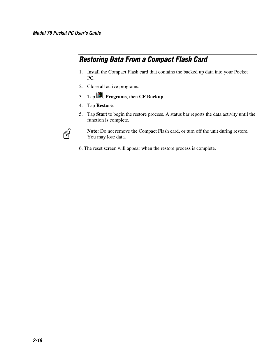 Restoring data from a compact flash card | Intermec 70 User Manual | Page 46 / 134