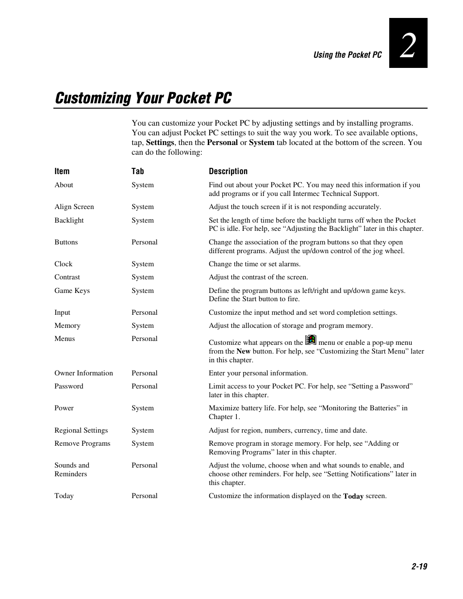 Customizing your pocket pc | Intermec 70 User Manual | Page 47 / 134