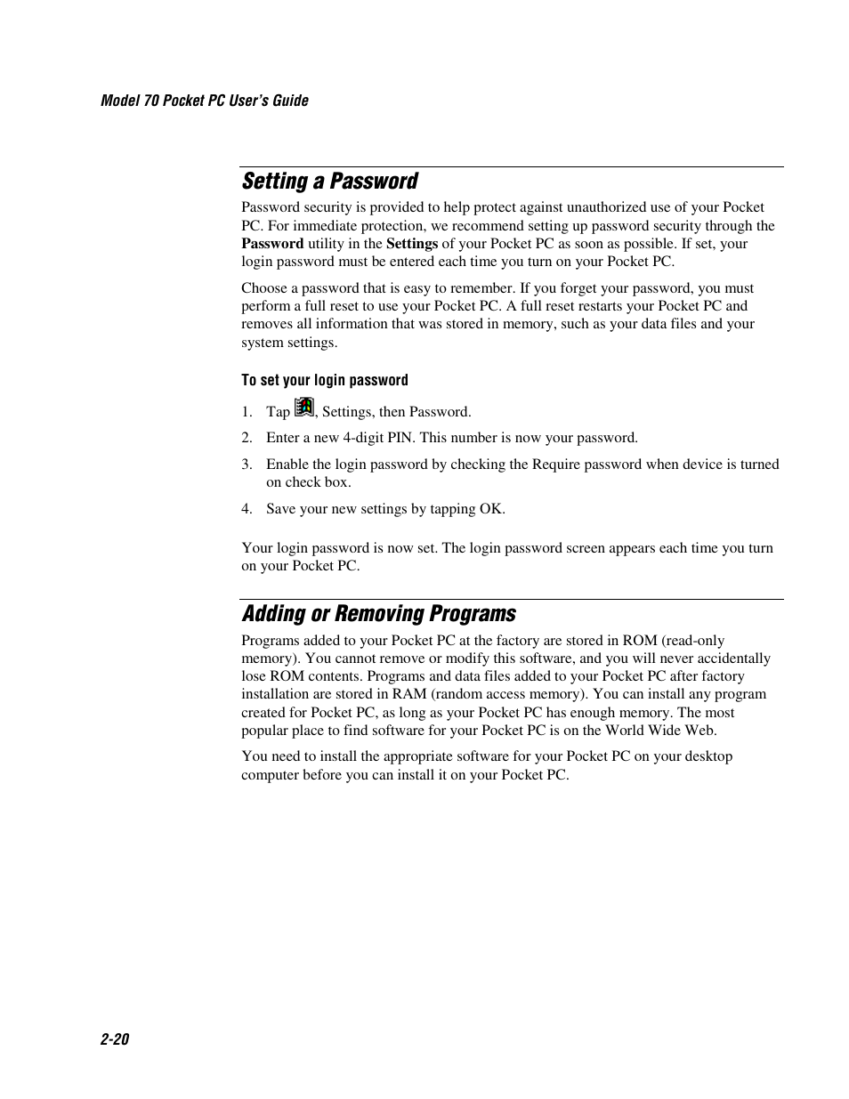 Setting a password, Adding or removing programs | Intermec 70 User Manual | Page 48 / 134