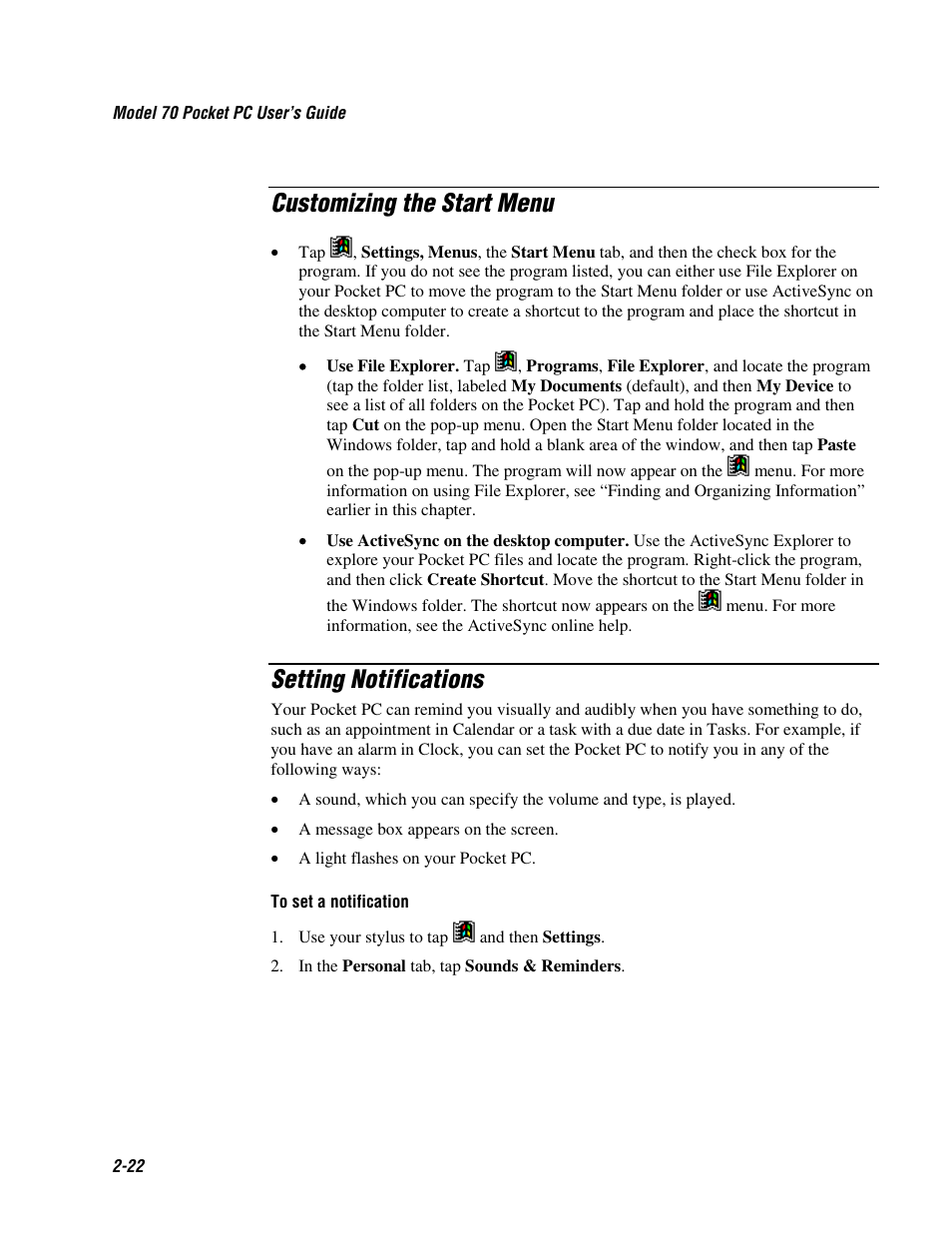 Customizing the start menu, Setting notifications | Intermec 70 User Manual | Page 50 / 134