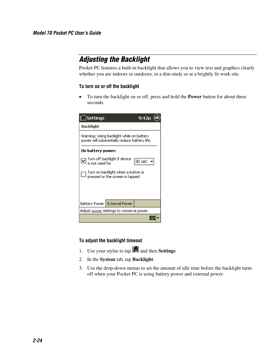 Adjusting the backlight | Intermec 70 User Manual | Page 52 / 134