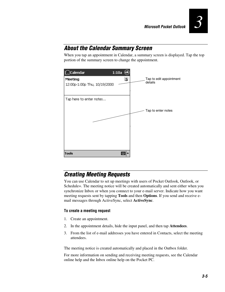 About the calendar summary screen, Creating meeting requests | Intermec 70 User Manual | Page 61 / 134