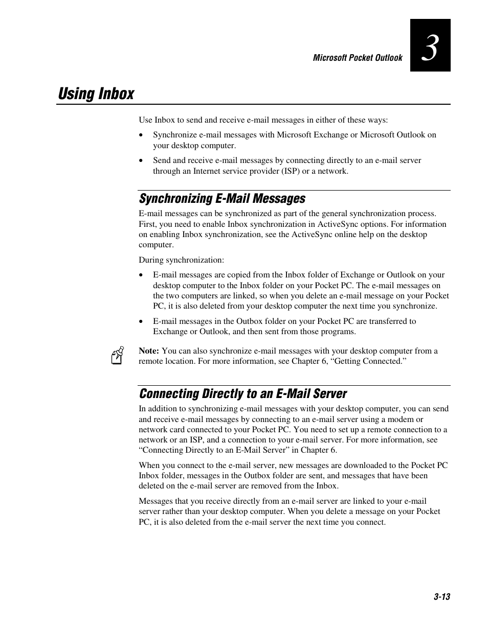 Using inbox, Synchronizing e-mail messages, Connecting directly to an e-mail server | Intermec 70 User Manual | Page 69 / 134