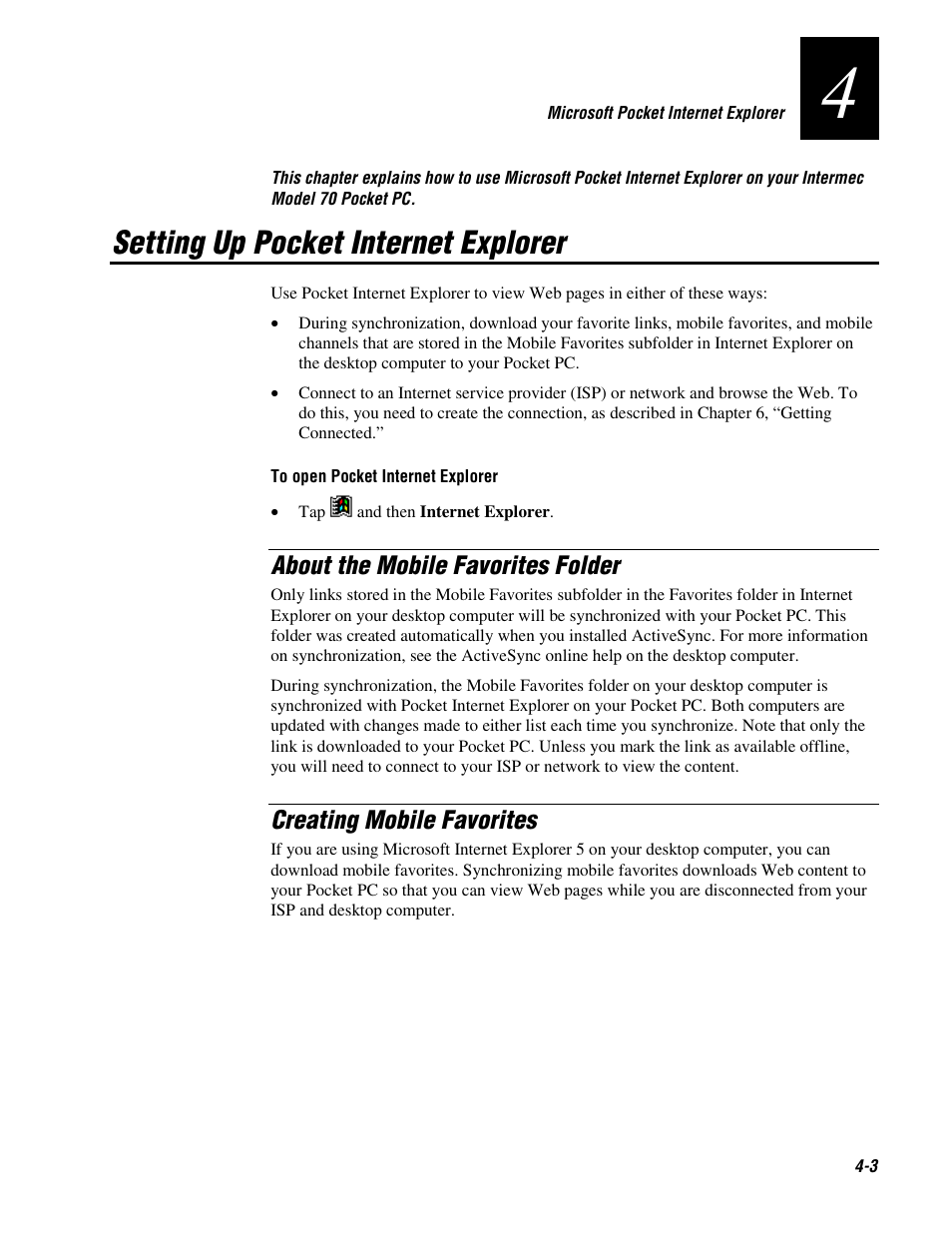 Setting up pocket internet explorer, About the mobile favorites folder, Creating mobile favorites | Intermec 70 User Manual | Page 77 / 134
