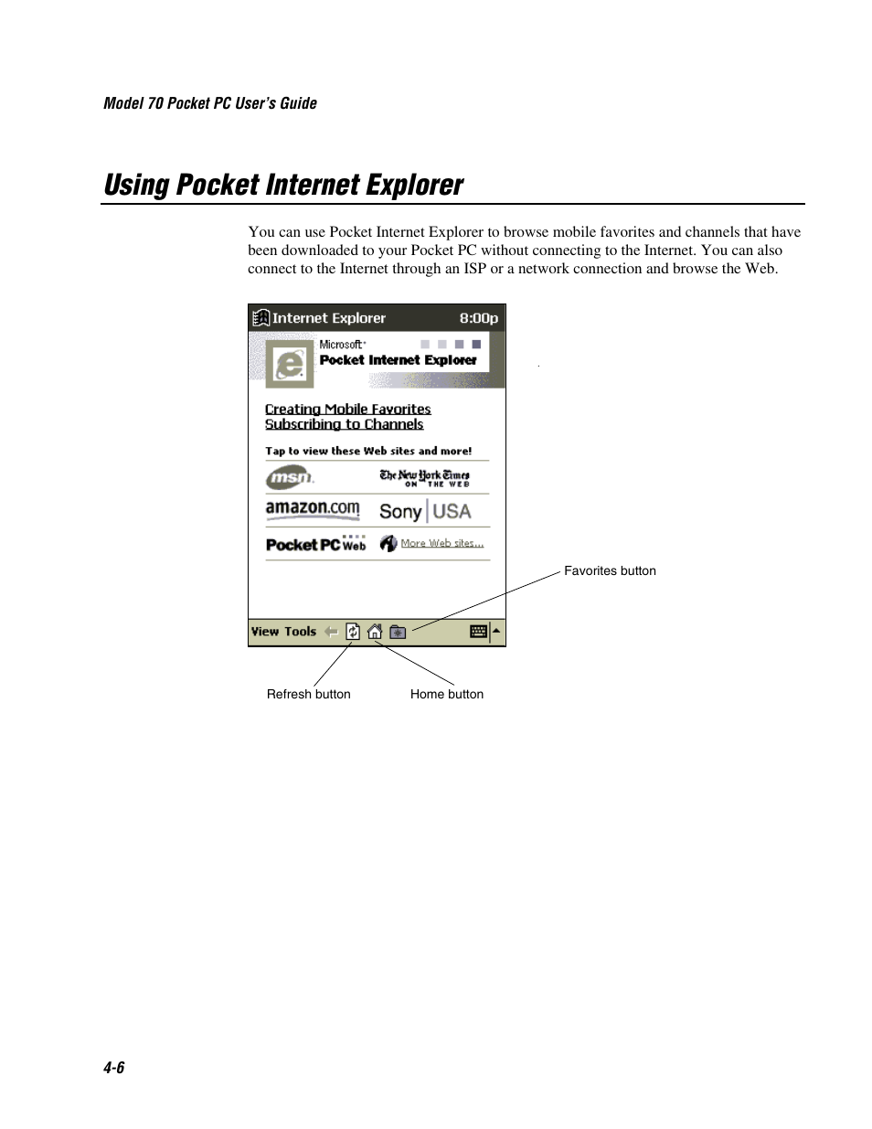 Using pocket internet explorer | Intermec 70 User Manual | Page 80 / 134