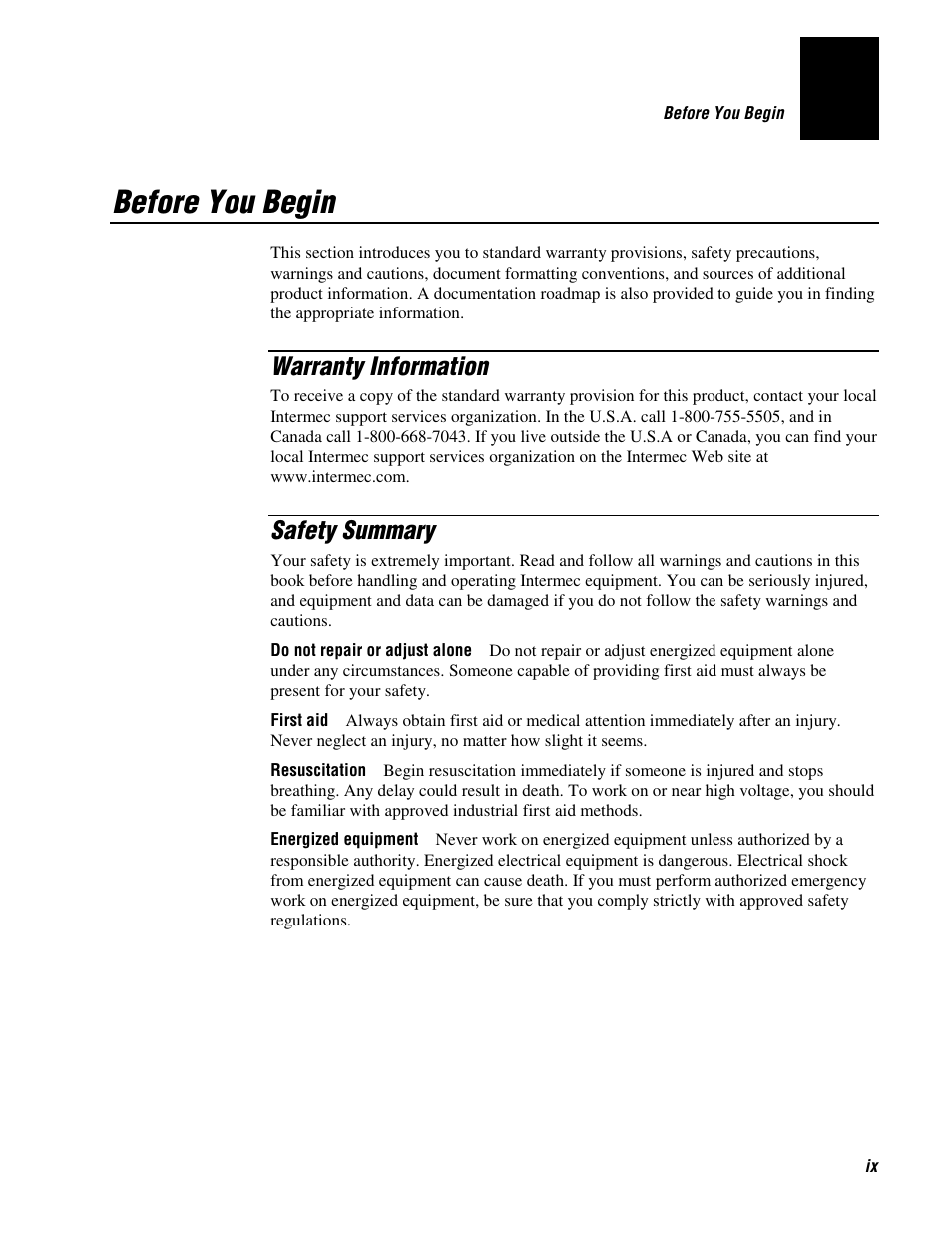Before you begin, Warranty information, Safety summary | Intermec 70 User Manual | Page 9 / 134