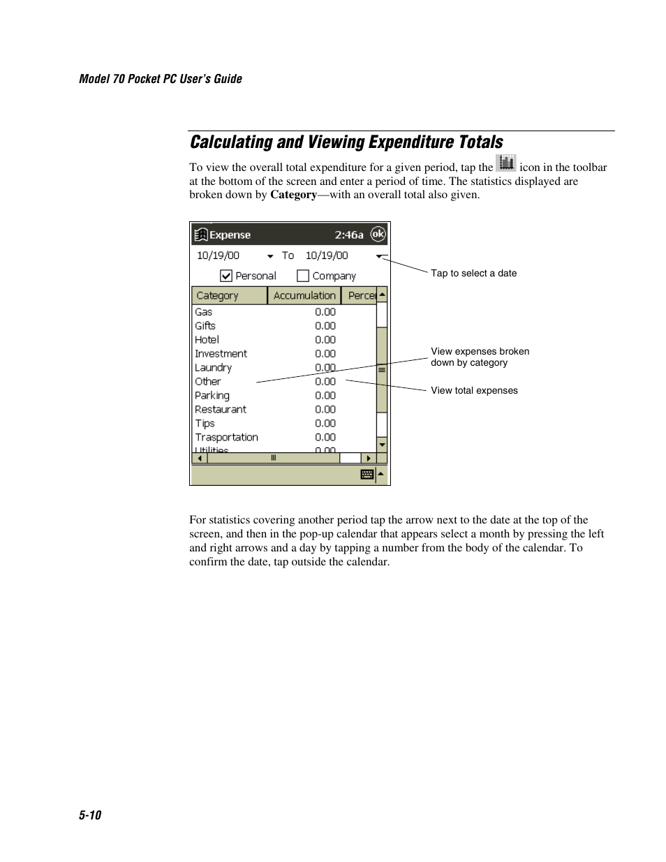 Calculating and viewing expenditure totals | Intermec 70 User Manual | Page 92 / 134