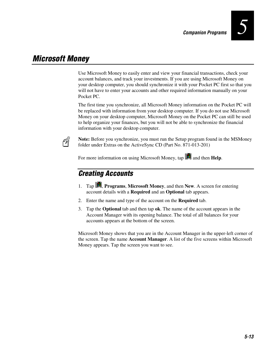 Microsoft money, Creating accounts | Intermec 70 User Manual | Page 95 / 134