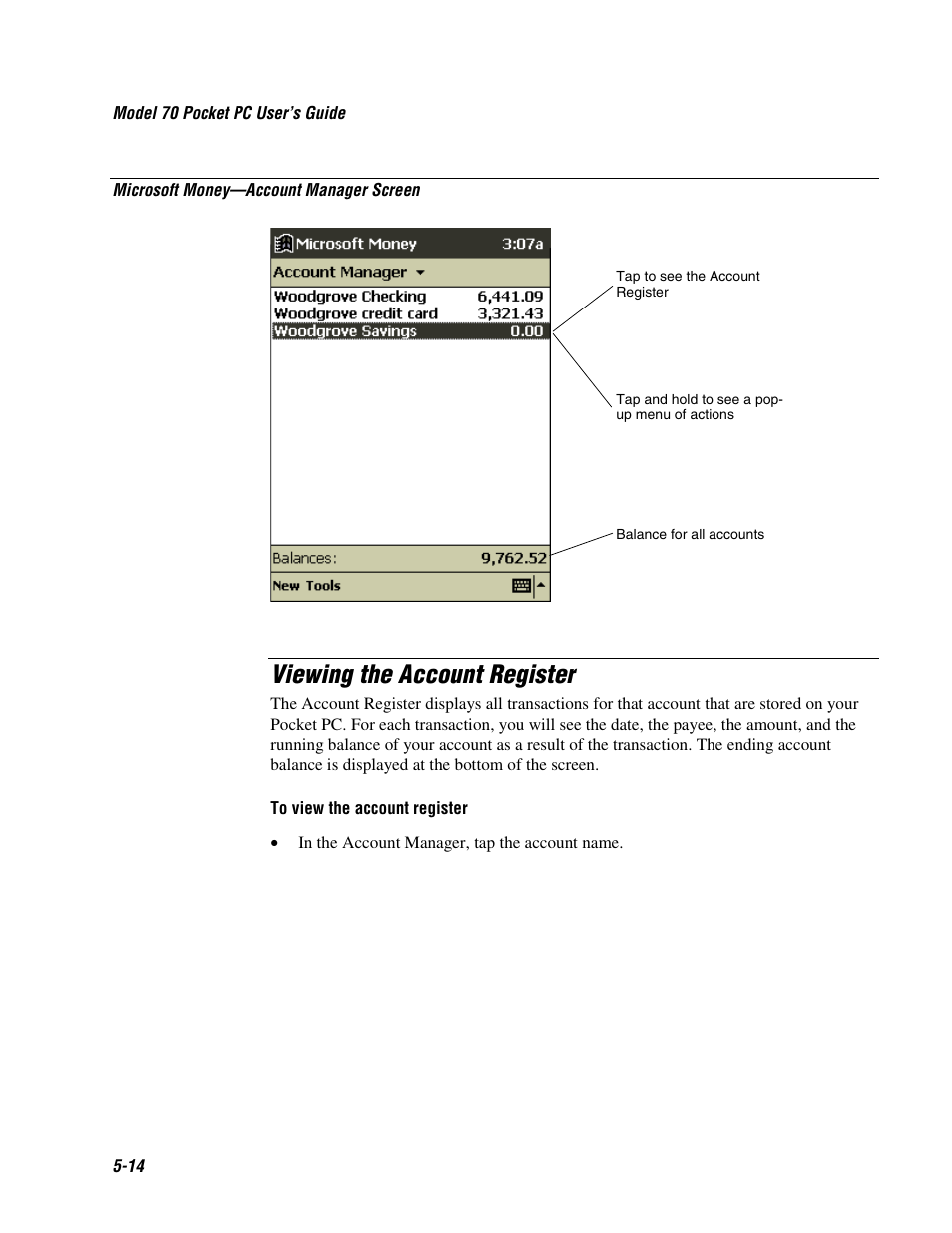 Viewing the account register | Intermec 70 User Manual | Page 96 / 134