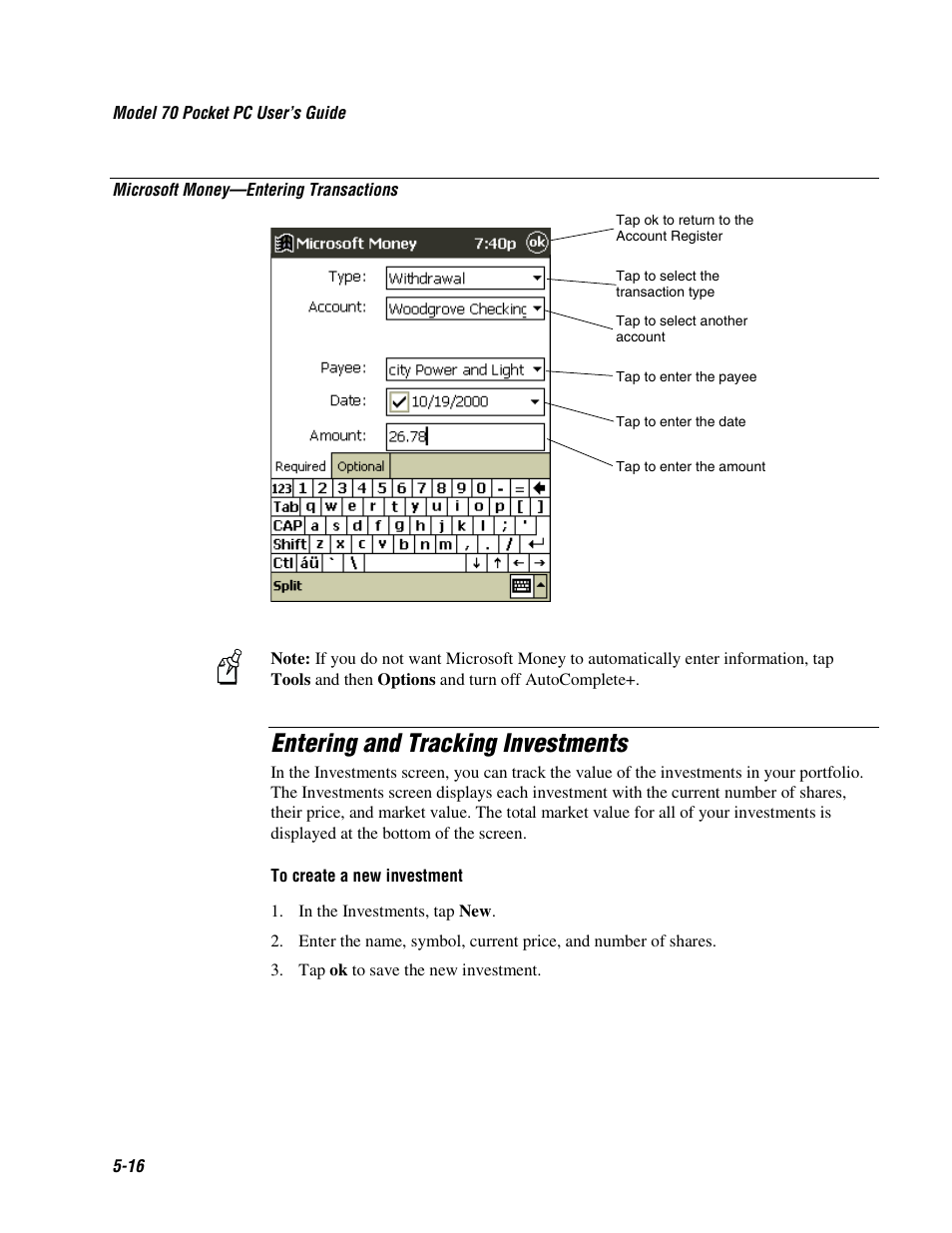 Entering and tracking investments | Intermec 70 User Manual | Page 98 / 134
