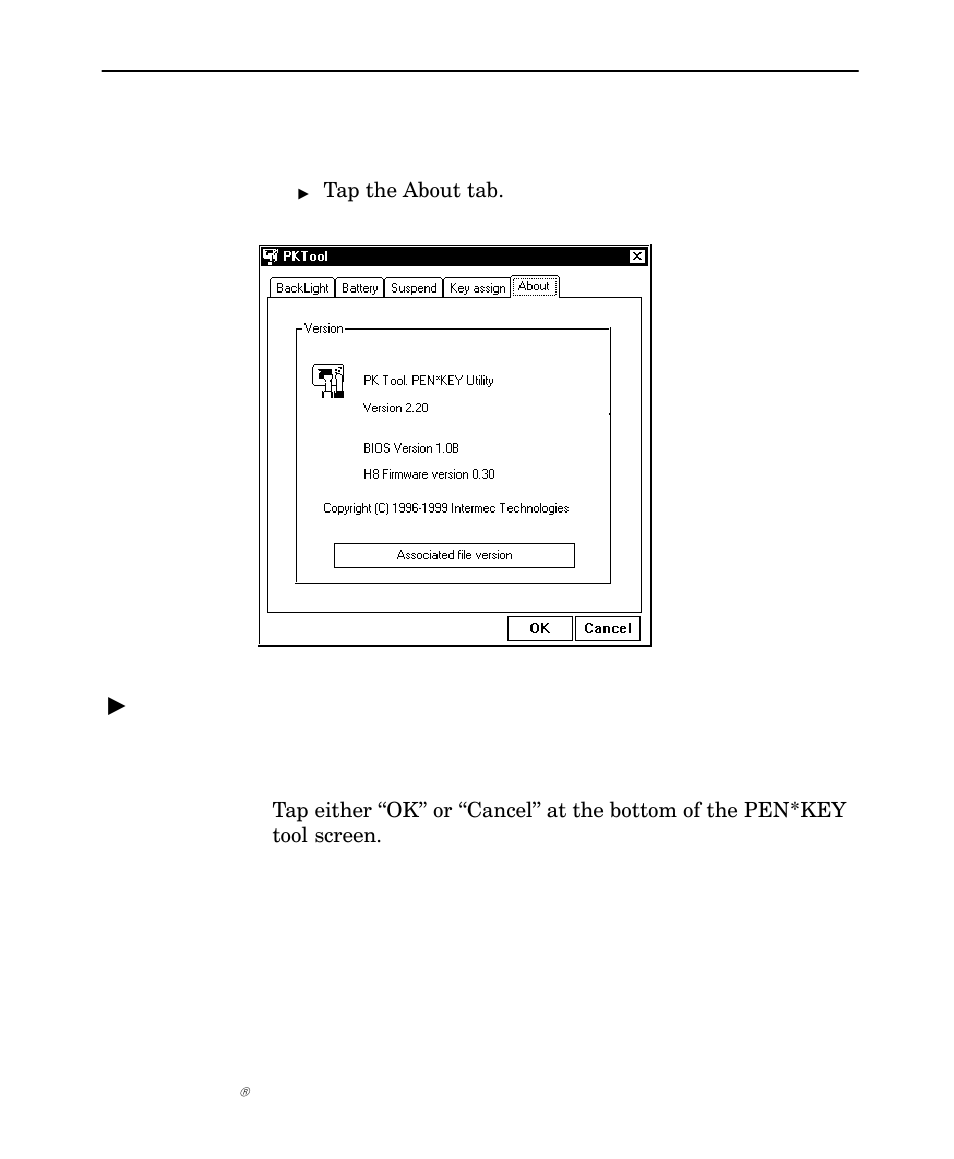 Checking the version, Checking the version of the pen*key tool, Exiting the pen*key tool | Intermec NORAND 6642 User Manual | Page 43 / 77