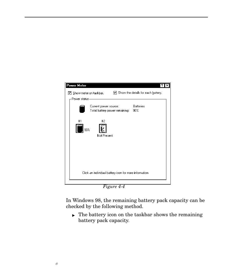 Remaining battery pack capacity, Remaining battery pack capacity display, Confirming the remaining battery pack capacity | Intermec NORAND 6642 User Manual | Page 51 / 77