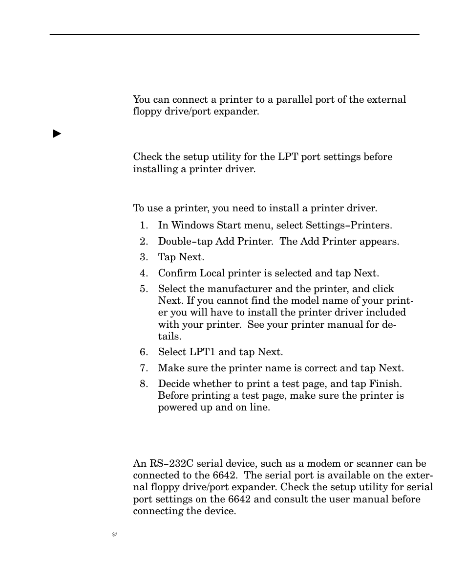 Printer, Rs232c, Rs–232c | Installing a printer driver | Intermec NORAND 6642 User Manual | Page 61 / 77