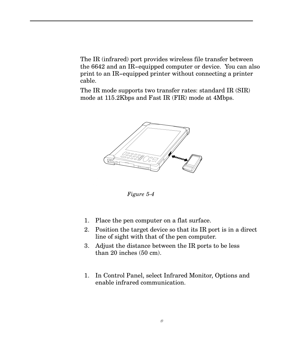 Irda communications, Preparing the 6642 and the target device, Settings for infrared communication | Intermec NORAND 6642 User Manual | Page 62 / 77