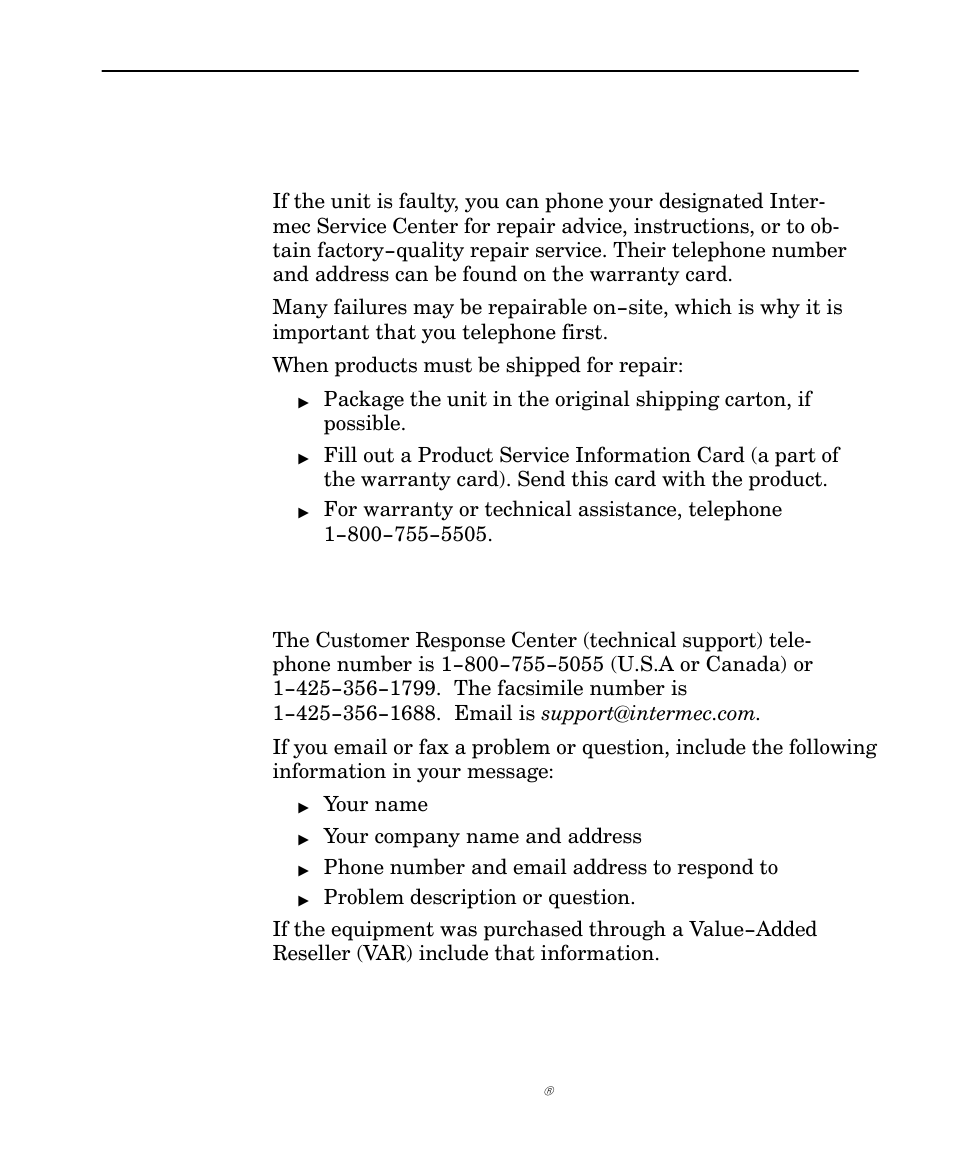 Factory service, Customer response center | Intermec NORAND 6642 User Manual | Page 76 / 77