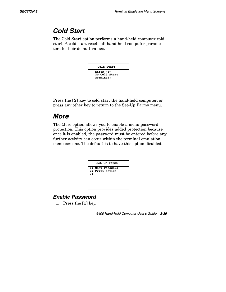 Cold start, More, Enable password | Intermec 6400 User Manual | Page 111 / 196