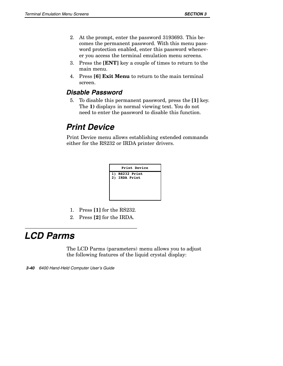 Lcd parms, Print device, Disable password | Intermec 6400 User Manual | Page 112 / 196
