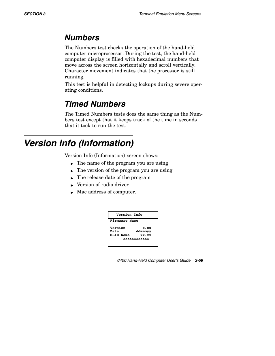 Version info (information), Numbers, Timed numbers | Intermec 6400 User Manual | Page 131 / 196