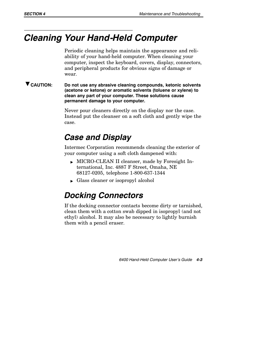Cleaning your hand-held computer, Case and display, Docking connectors | Intermec 6400 User Manual | Page 139 / 196