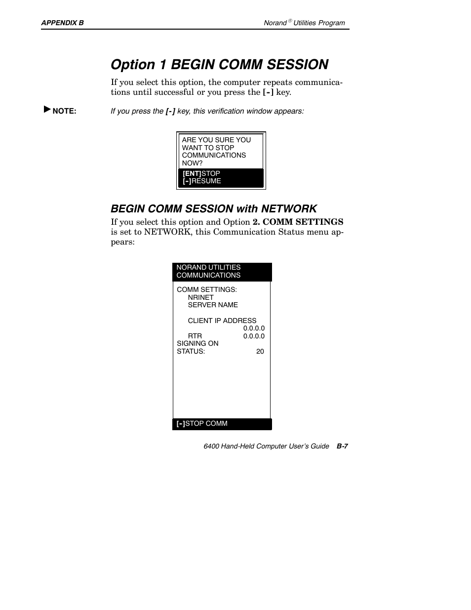 Option 1 begin comm session, Begin comm session with network | Intermec 6400 User Manual | Page 157 / 196