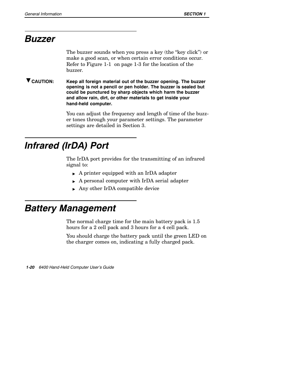 Buzzer, Infrared (irda) port, Battery management | Intermec 6400 User Manual | Page 28 / 196