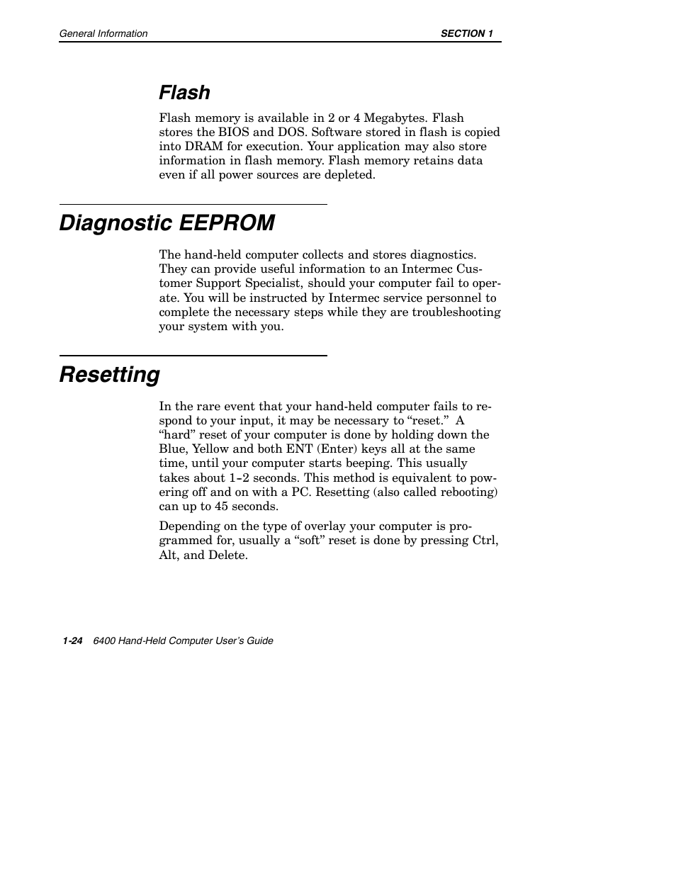 Diagnostic eeprom, Resetting, Flash | Intermec 6400 User Manual | Page 32 / 196