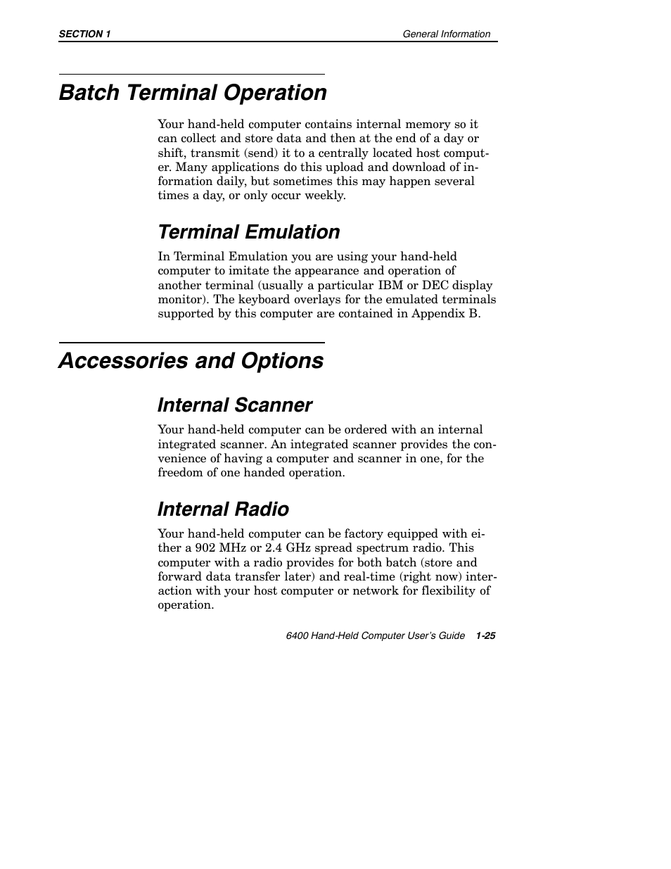 Batch terminal operation, Accessories and options, Terminal emulation | Internal scanner, Internal radio | Intermec 6400 User Manual | Page 33 / 196