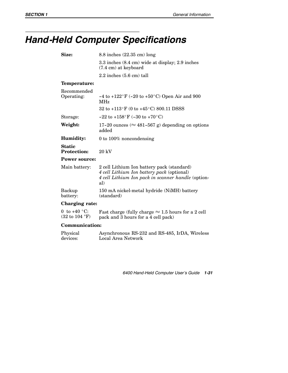 Hand-held computer specifications | Intermec 6400 User Manual | Page 39 / 196