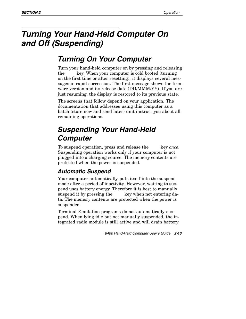 Turning on your computer, Suspending your hand-held computer | Intermec 6400 User Manual | Page 55 / 196