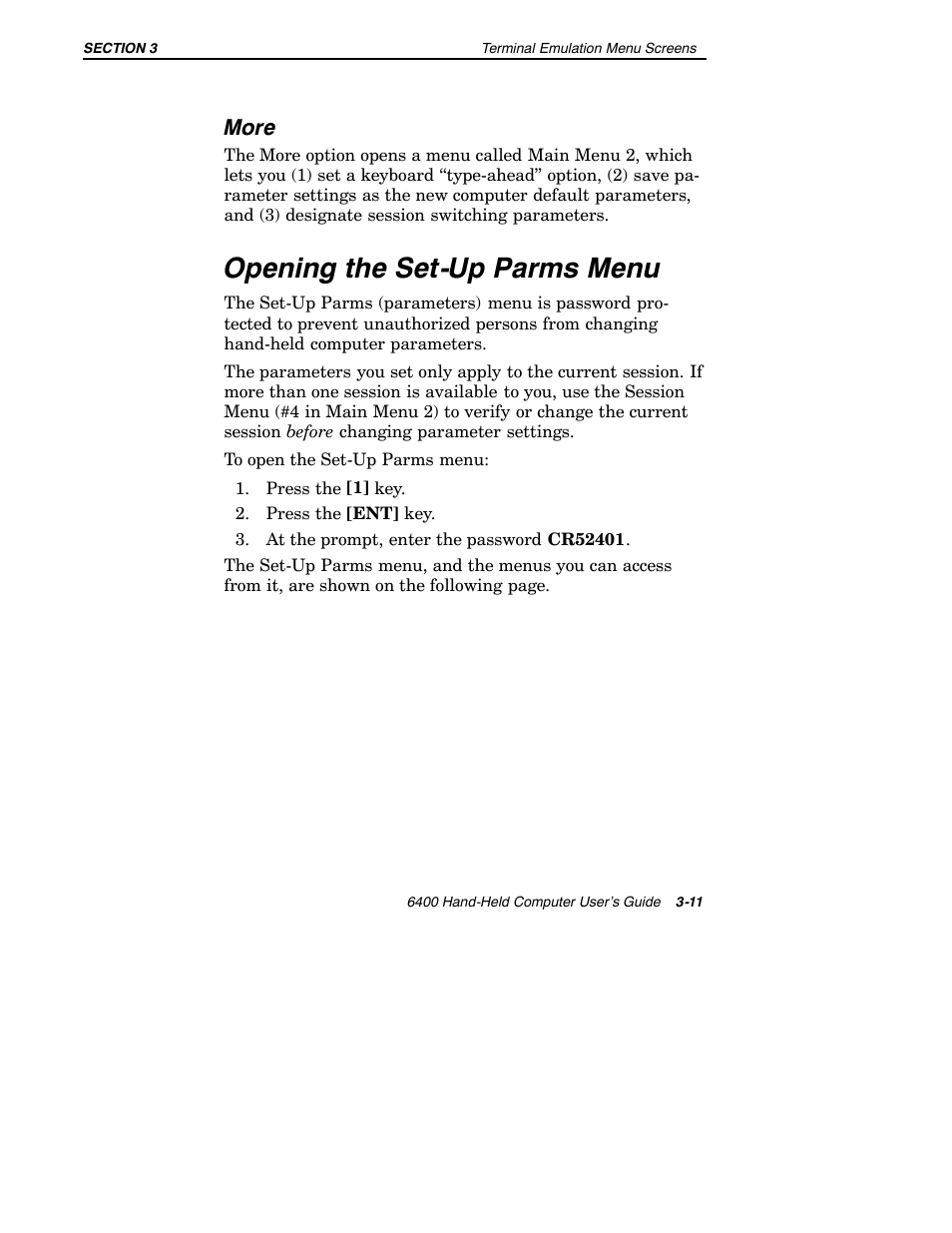 Opening the set-up parms menu, More | Intermec 6400 User Manual | Page 83 / 196