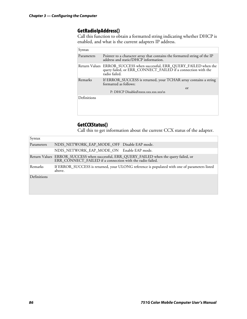 Getradioipaddress(), Getccxstatus() | Intermec 751G User Manual | Page 100 / 156