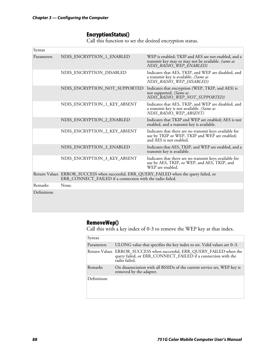 Encryptionstatus(), Removewep() | Intermec 751G User Manual | Page 102 / 156