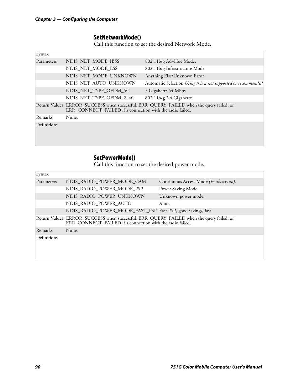 Setnetworkmode(), Setpowermode() | Intermec 751G User Manual | Page 104 / 156