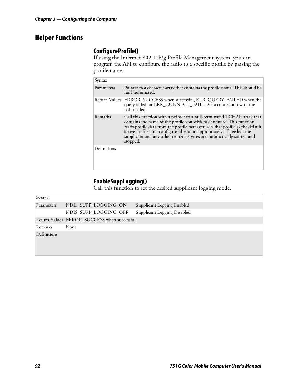 Helper functions, Configureprofile(), Enablesupplogging() | Intermec 751G User Manual | Page 106 / 156