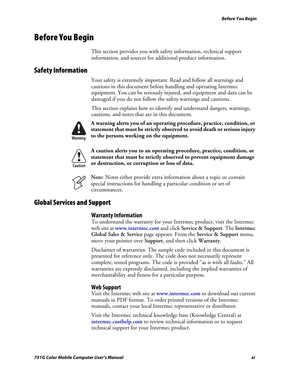 Before you begin, Safety information, Global services and support | Intermec 751G User Manual | Page 11 / 156