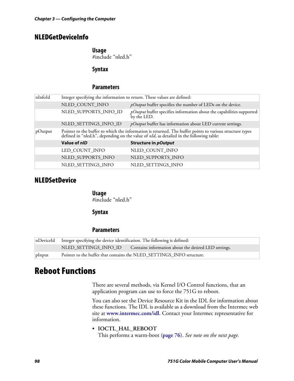 Nledgetdeviceinfo, Nledsetdevice, Reboot functions | Usage, Syntax, Parameters | Intermec 751G User Manual | Page 112 / 156