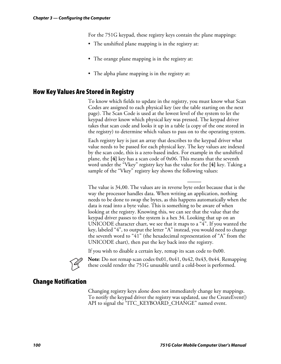 How key values are stored in registry, Change notification | Intermec 751G User Manual | Page 114 / 156