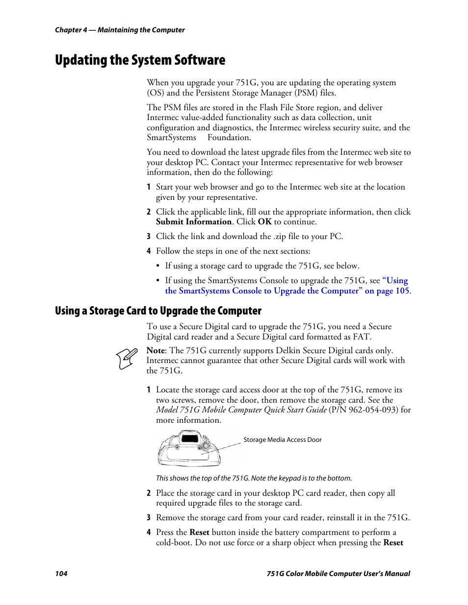 Updating the system software, Using a storage card to upgrade the computer | Intermec 751G User Manual | Page 118 / 156