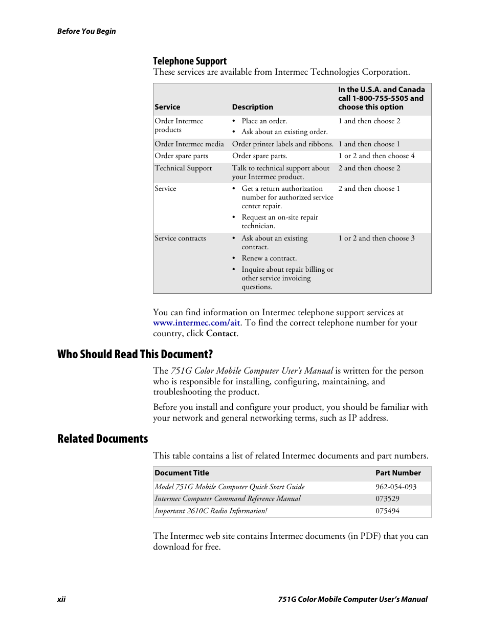 Who should read this document, Related documents, Telephone support | Intermec 751G User Manual | Page 12 / 156