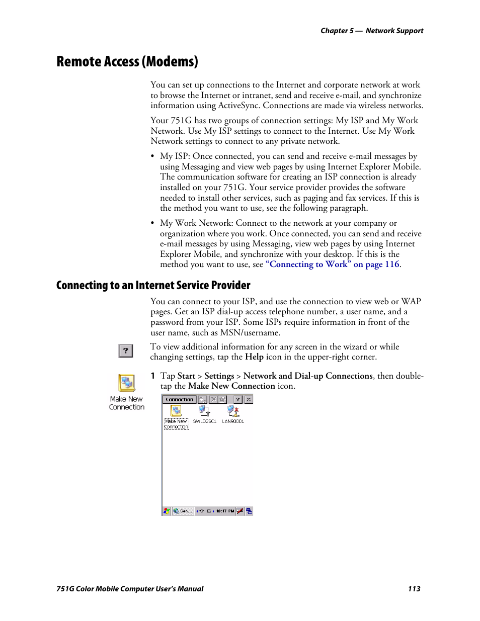 Remote access (modems), Connecting to an internet service provider | Intermec 751G User Manual | Page 127 / 156