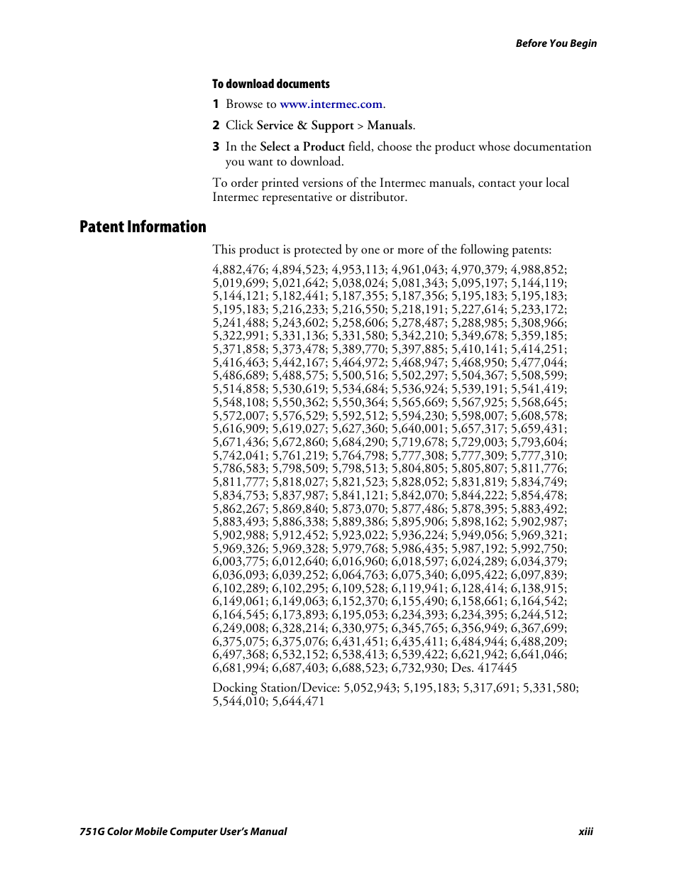 Patent information | Intermec 751G User Manual | Page 13 / 156