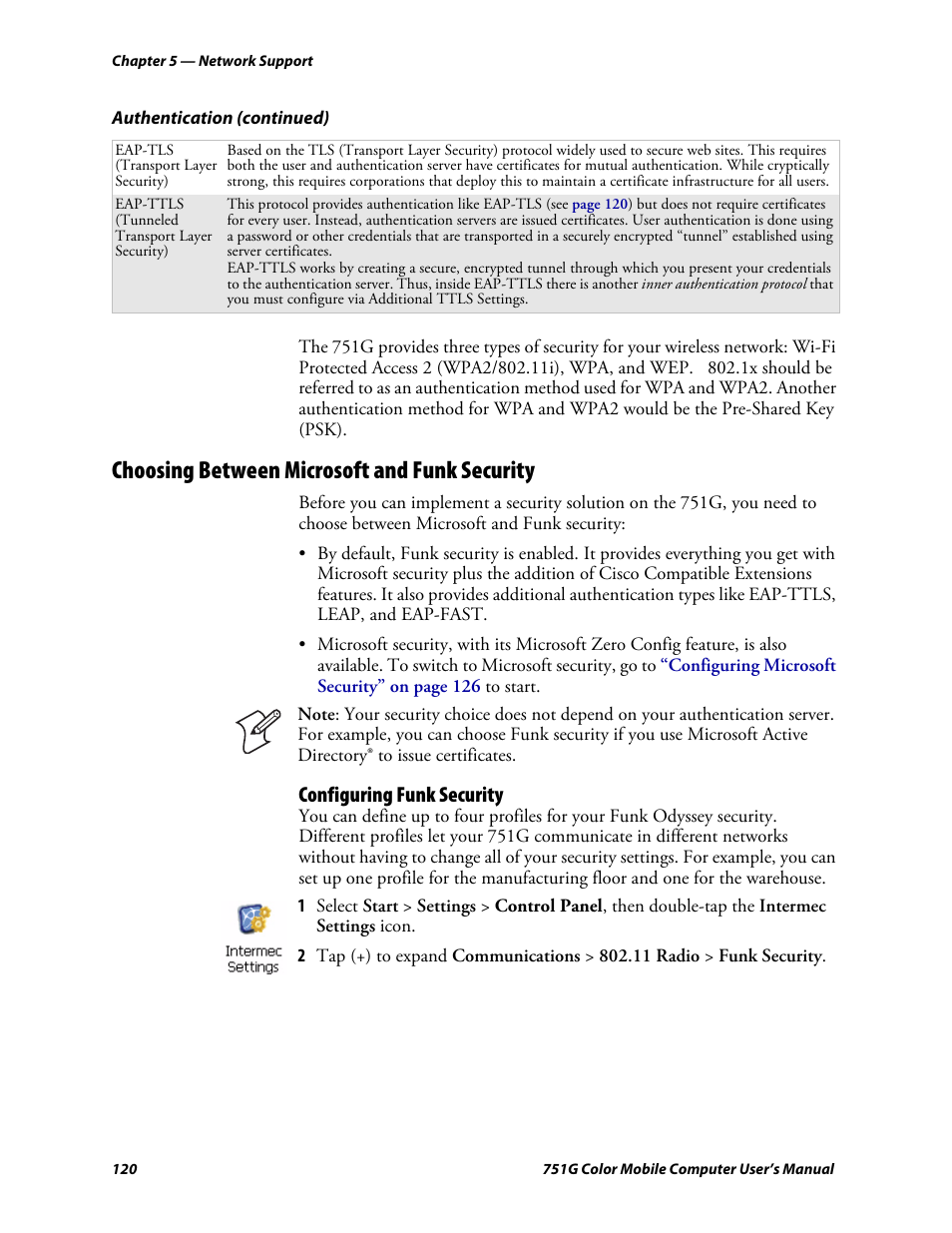 Choosing between microsoft and funk security, Configuring funk security | Intermec 751G User Manual | Page 134 / 156