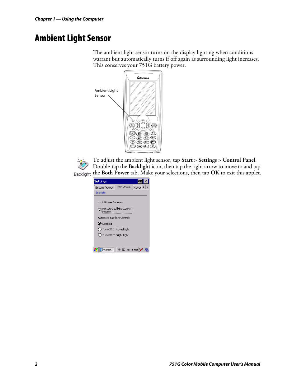 Ambient light sensor | Intermec 751G User Manual | Page 16 / 156
