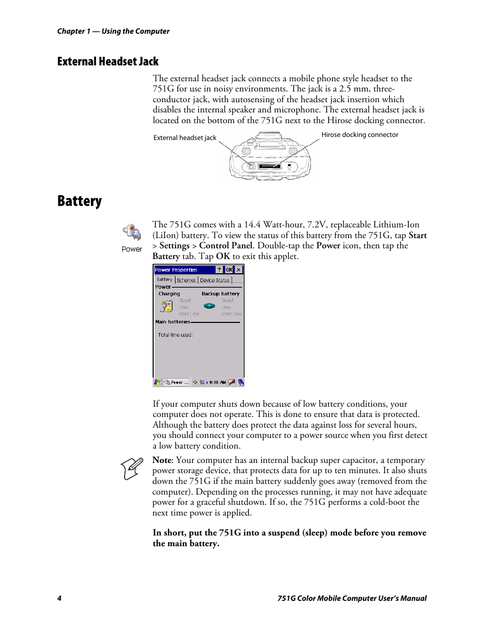 External headset jack, Battery | Intermec 751G User Manual | Page 18 / 156