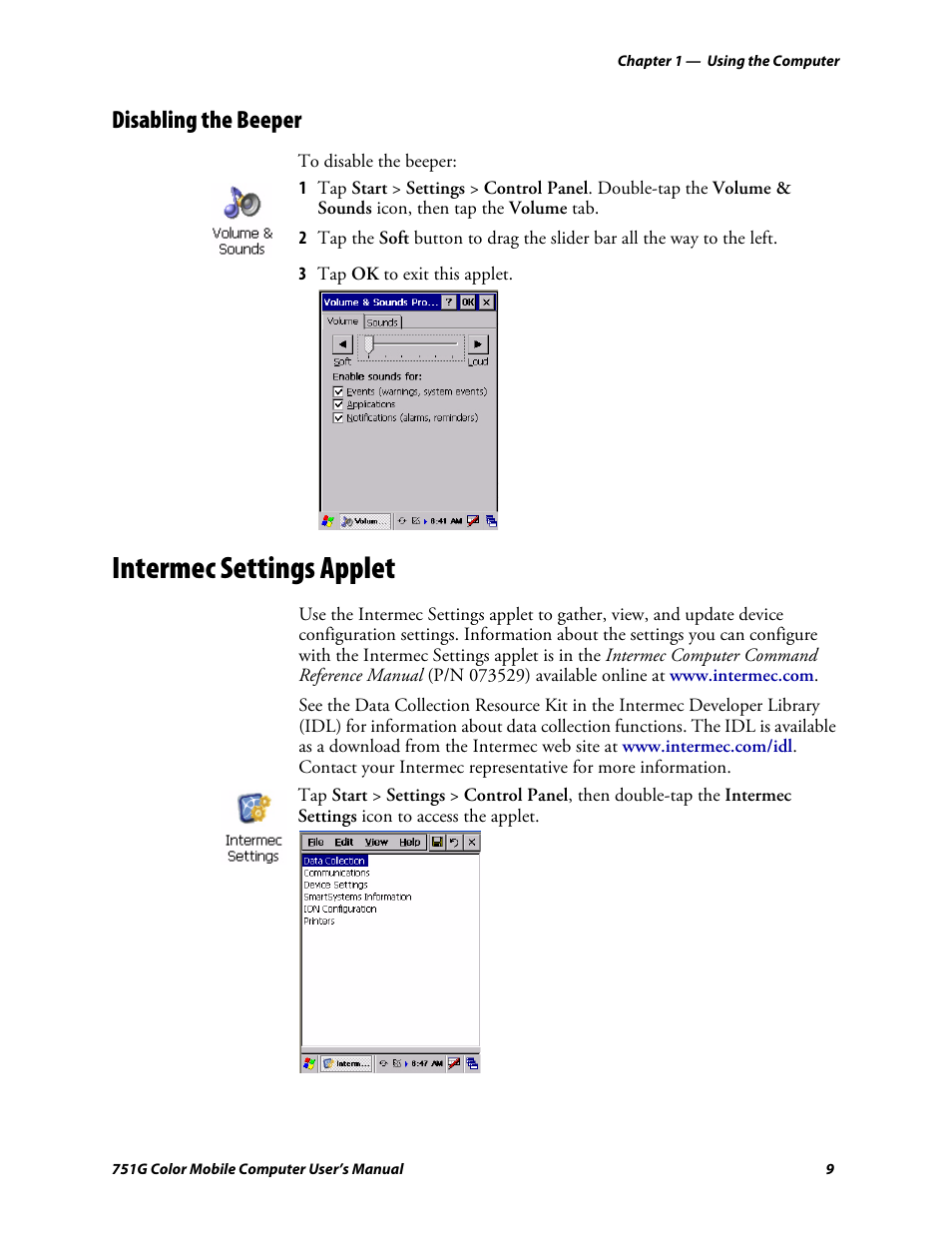 Disabling the beeper, Intermec settings applet | Intermec 751G User Manual | Page 23 / 156